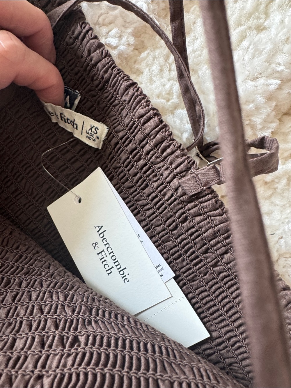Abercrombie & Fitch A&F Sydney Smocked Dipped-Waist Midi Dress in Brown - Picture 3 of 6